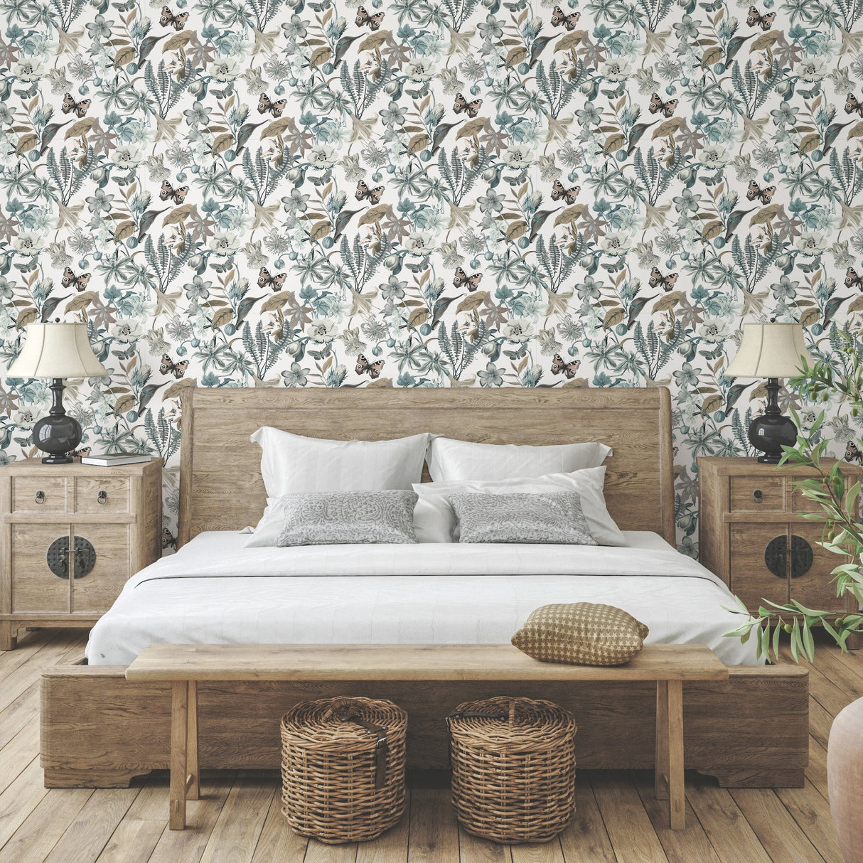 Butterfly House White & Blue Wallpaper with Botanical Butterfly Motif - York BL1722