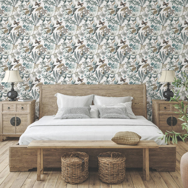 Butterfly House White & Blue Wallpaper with Botanical Butterfly Motif - York BL1722