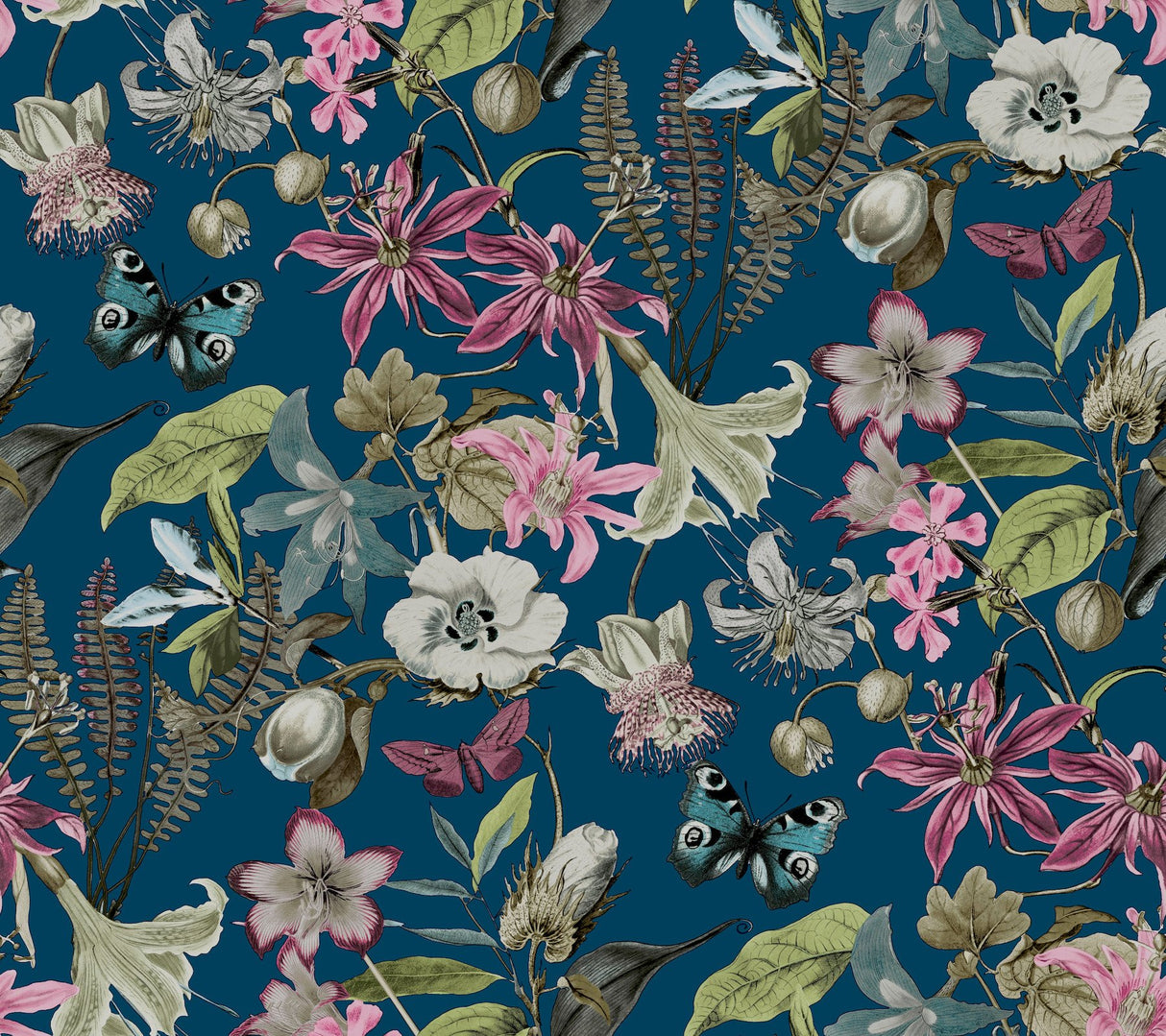 Butterfly House Navy Wallpaper with Exotic Floral and Butterfly Motif - York BL1723