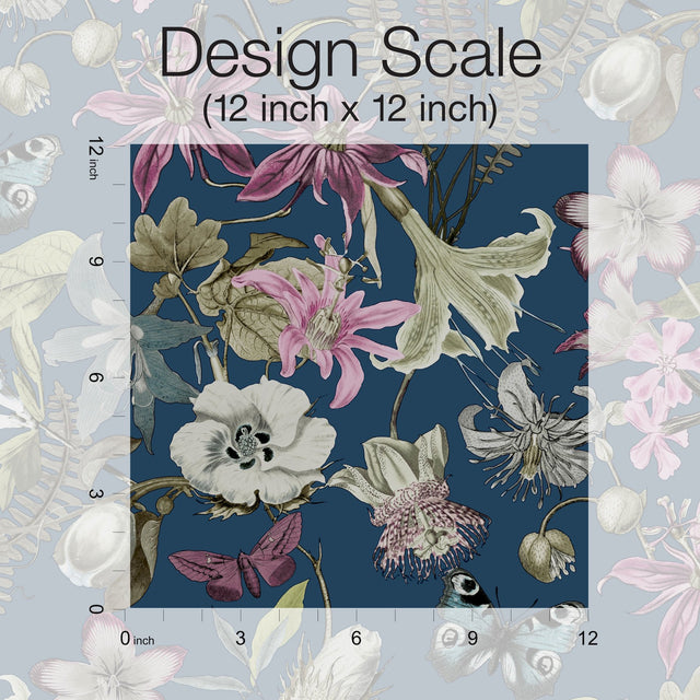 Butterfly House Navy Wallpaper with Exotic Floral and Butterfly Motif - York BL1723