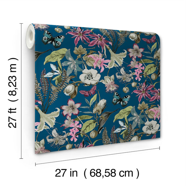 Butterfly House Navy Wallpaper with Exotic Floral and Butterfly Motif - York BL1723
