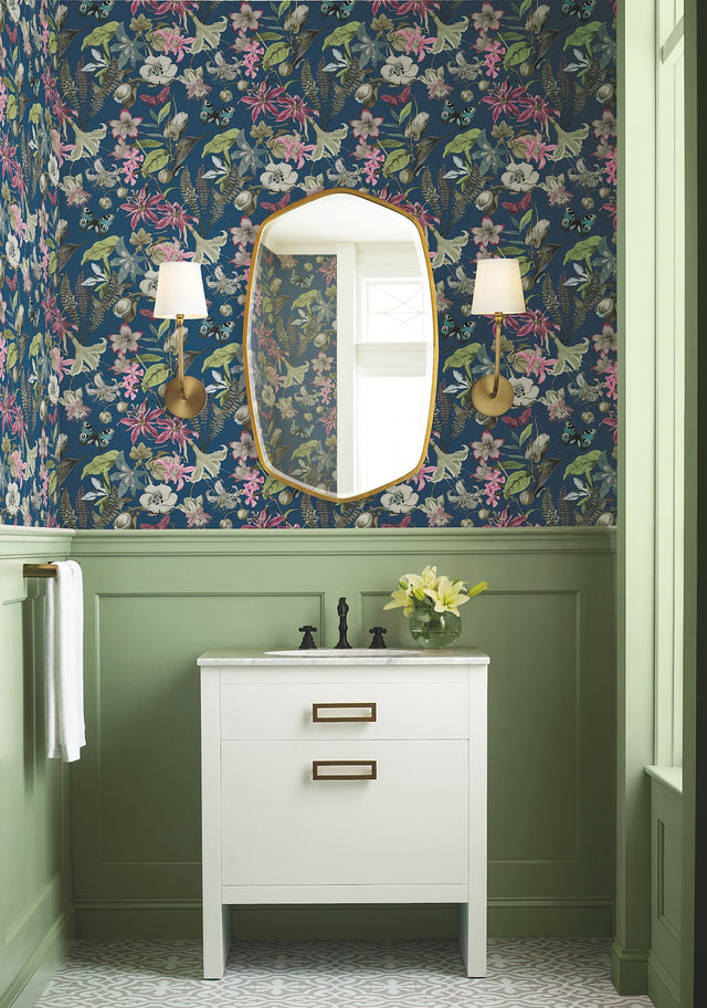 Butterfly House Navy Wallpaper with Exotic Floral and Butterfly Motif - York BL1723