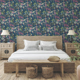 Butterfly House Navy Wallpaper with Exotic Floral and Butterfly Motif - York BL1723