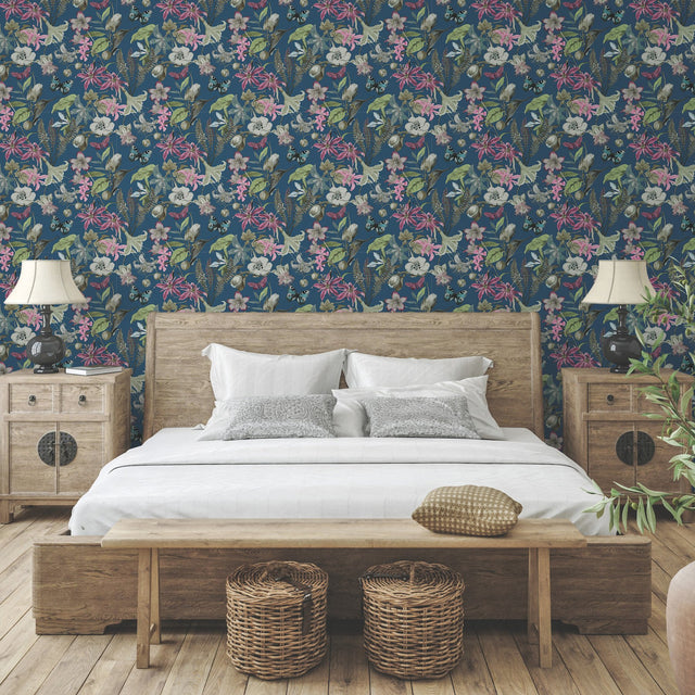 Butterfly House Navy Wallpaper with Exotic Floral and Butterfly Motif - York BL1723
