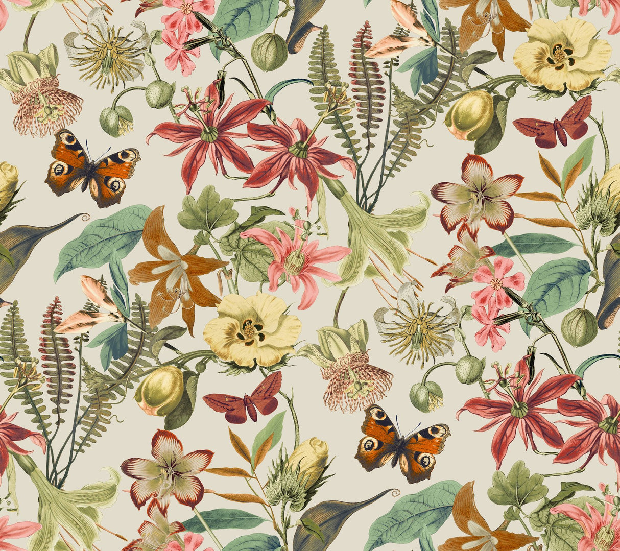 Butterfly House Light Taupe & Coral Wallpaper with Botanical Butterfly Motif - York BL1724