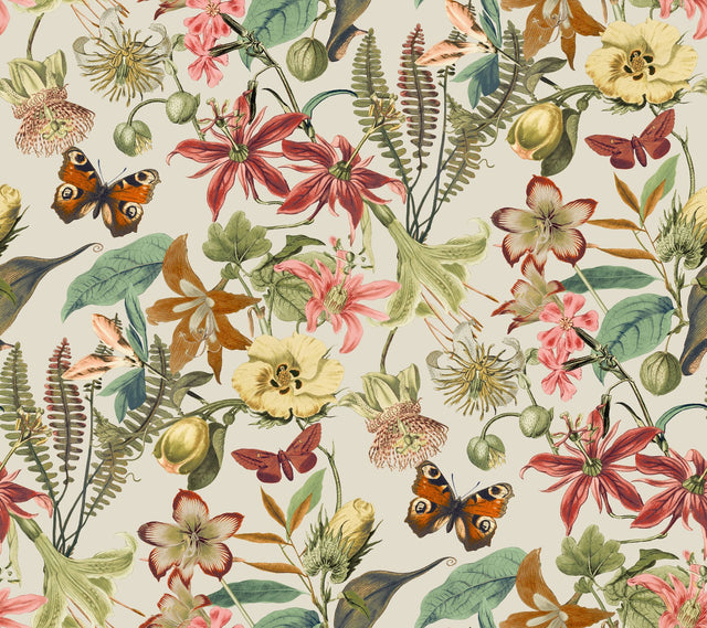 Butterfly House Light Taupe & Coral Wallpaper with Botanical Butterfly Motif - York BL1724