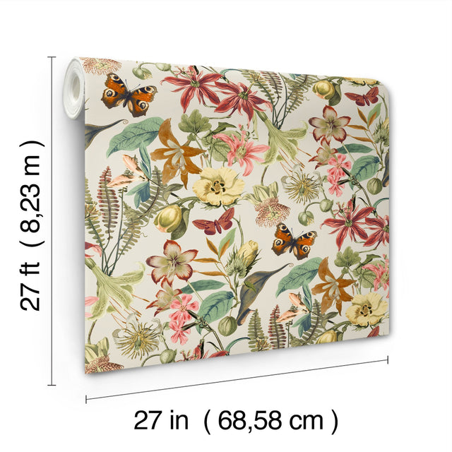 Butterfly House Light Taupe & Coral Wallpaper with Botanical Butterfly Motif - York BL1724