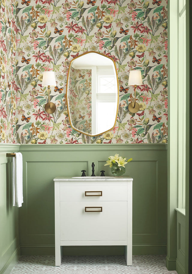Butterfly House Light Taupe & Coral Wallpaper with Botanical Butterfly Motif - York BL1724