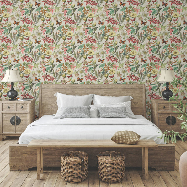 Butterfly House Light Taupe & Coral Wallpaper with Botanical Butterfly Motif - York BL1724