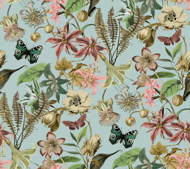Butterfly House Sky Blue Wallpaper with Botanical Floral and Butterfly Motif - York BL1725