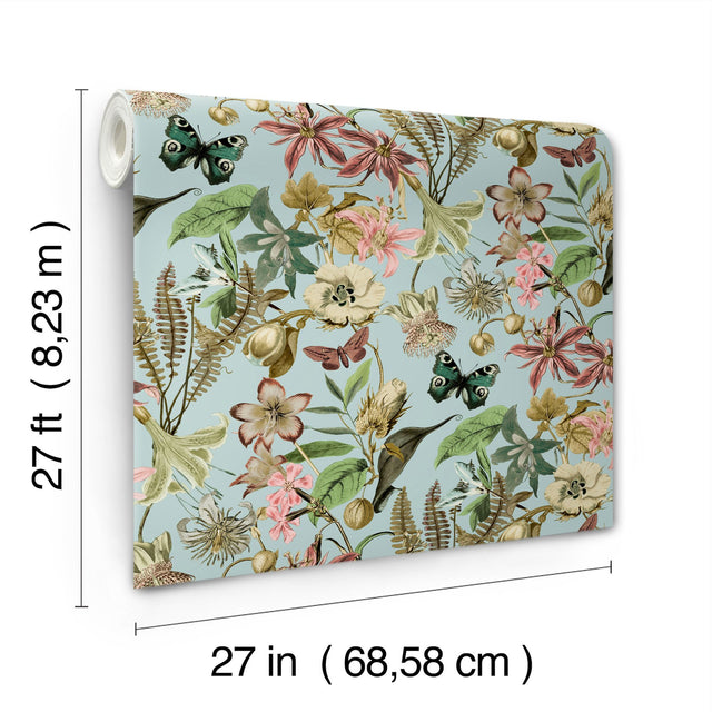 Butterfly House Sky Blue Wallpaper with Botanical Floral and Butterfly Motif - York BL1725