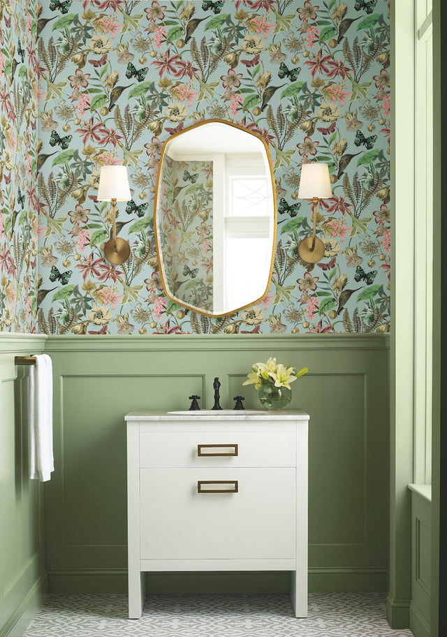 Butterfly House Sky Blue Wallpaper with Botanical Floral and Butterfly Motif - York BL1725