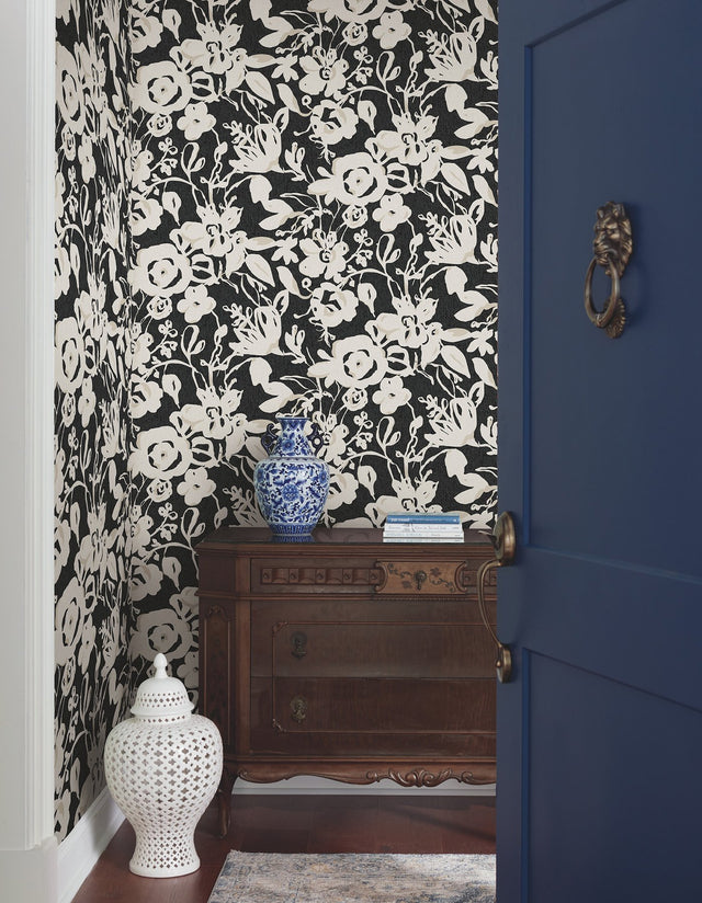 Brushstroke Floral Black Wallpaper with Bohemian Brushstroke Floral Pattern - York BL1733
