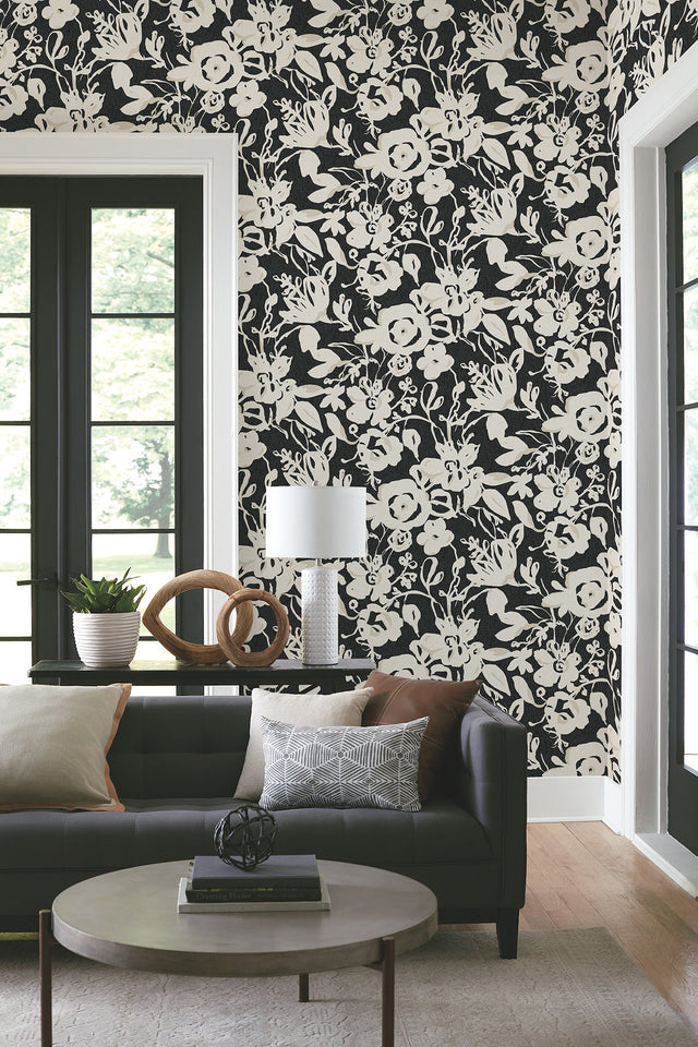 Brushstroke Floral Black Wallpaper with Bohemian Brushstroke Floral Pattern - York BL1733