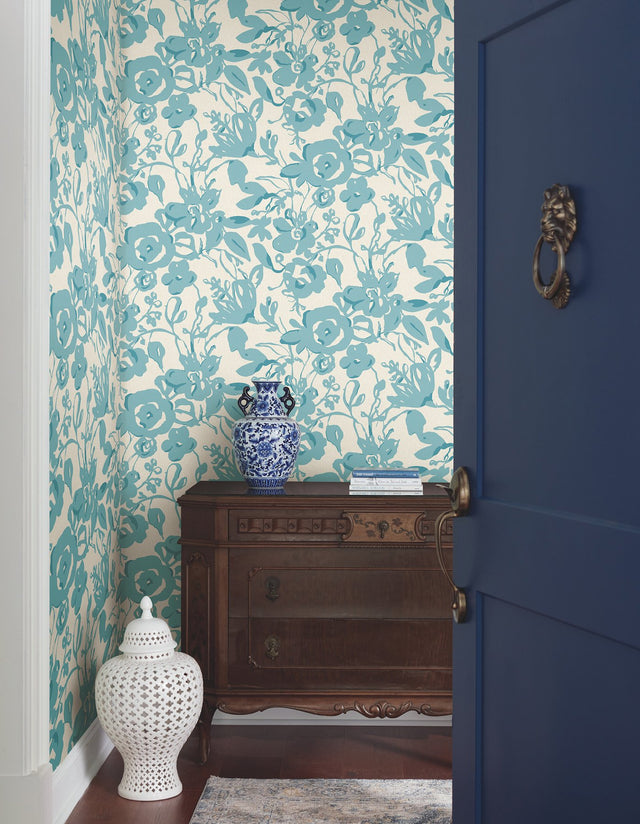Brushstroke Floral Aqua Wallpaper with Bohemian Abstract Floral Pattern - York BL1736