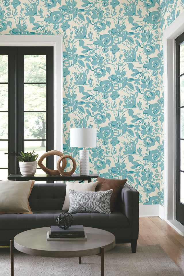 Brushstroke Floral Aqua Wallpaper with Bohemian Abstract Floral Pattern - York BL1736