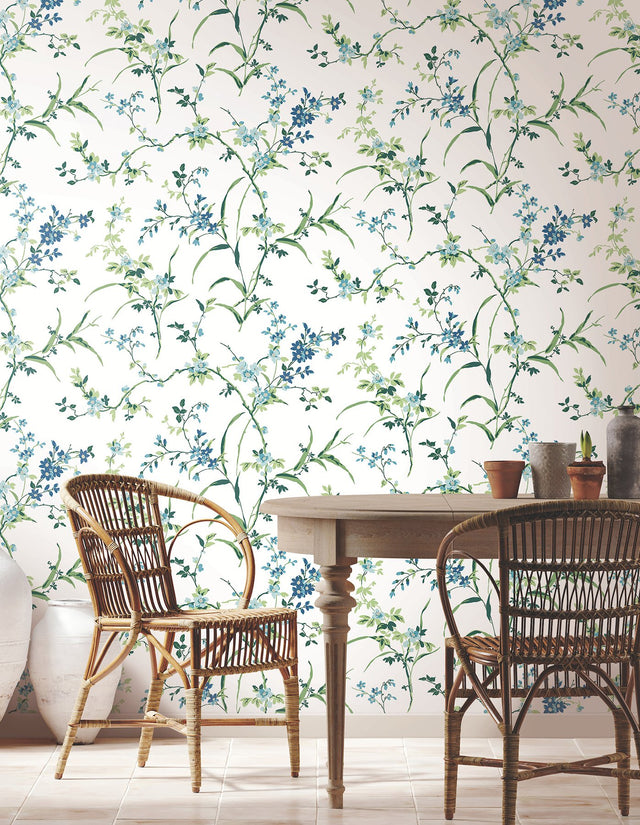 Blossom Branches White & Blue Wallpaper with Floral Branch Pattern, Non Woven Paste-the-Wall - York BL1744