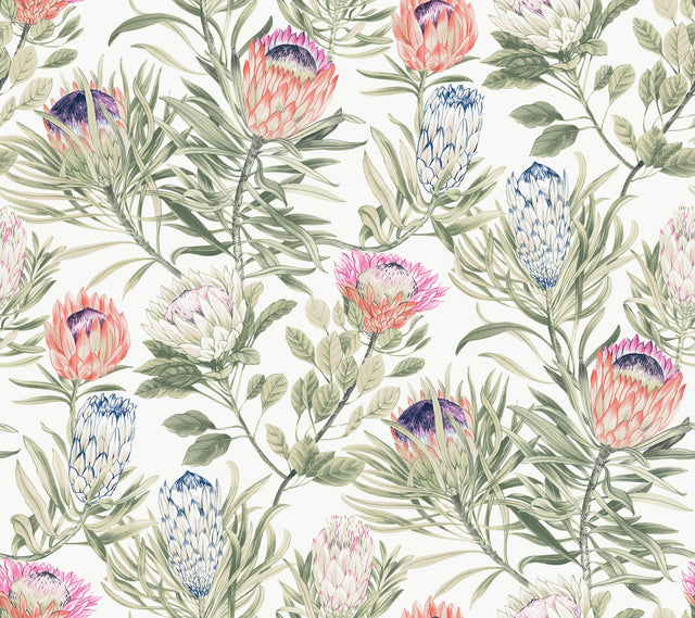 Protea White & Fuchsia Floral Non Woven Wallpaper with 24-in Repeat, Straight Match - York BL1752