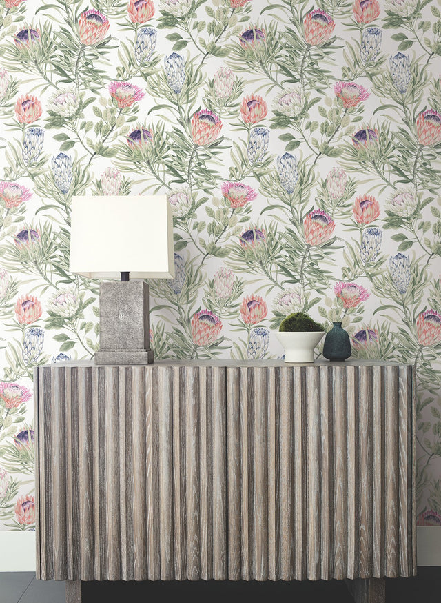 Protea White & Fuchsia Floral Non Woven Wallpaper with 24-in Repeat, Straight Match - York BL1752
