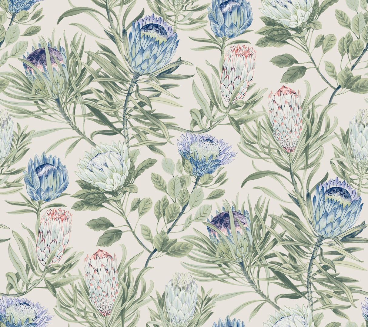 Protea Cream & Blue Wallpaper with Floral Protea Motif - York BL1753