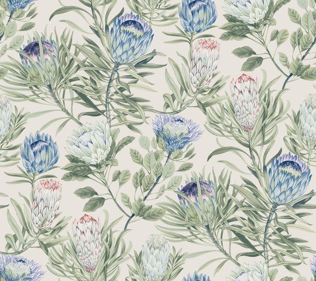 Protea Cream & Blue Wallpaper with Floral Protea Motif - York BL1753
