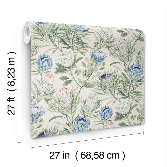 Protea Cream & Blue Wallpaper with Floral Protea Motif - York BL1753