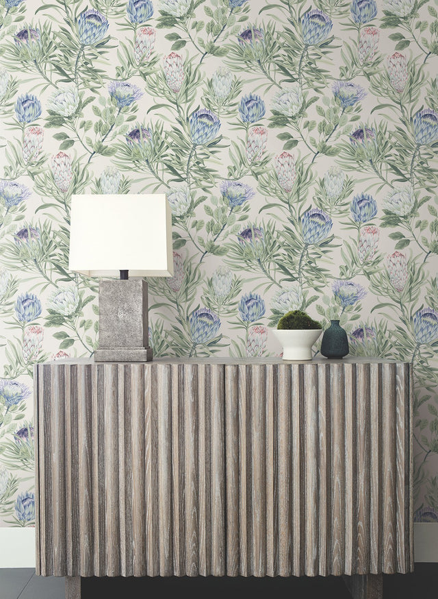 Protea Cream & Blue Wallpaper with Floral Protea Motif - York BL1753
