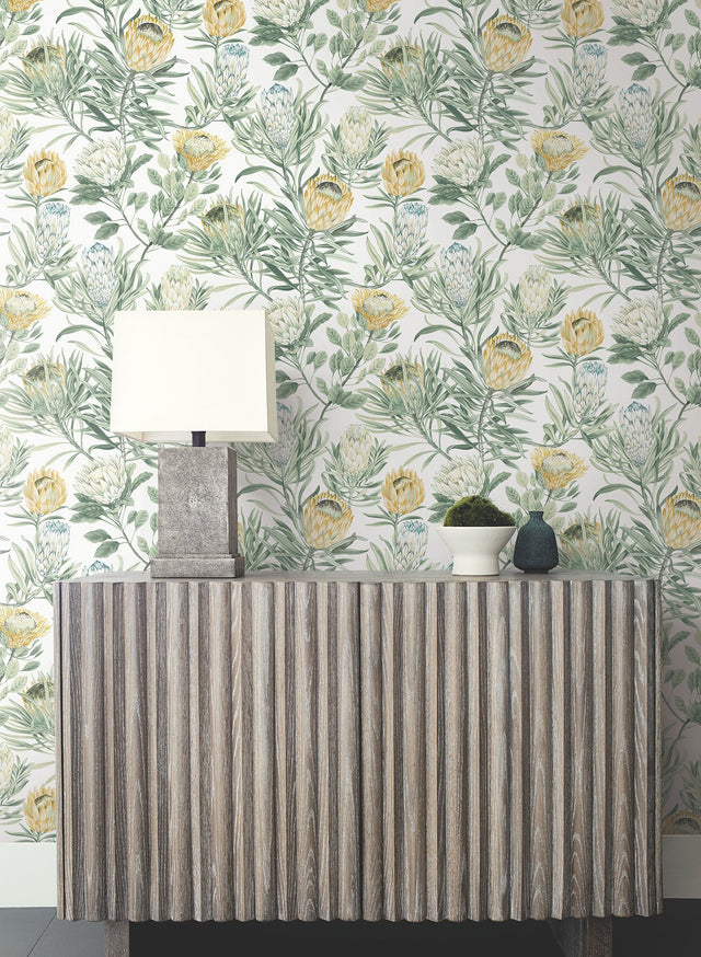 Protea White & Yellow Wallpaper with Floral Protea Motif - York BL1754