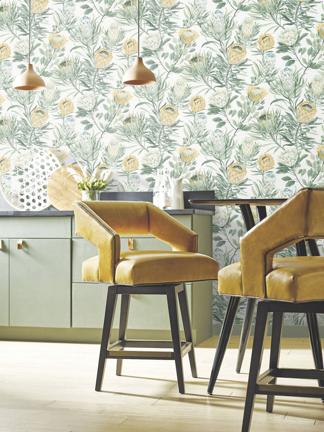 Protea White & Yellow Wallpaper with Floral Protea Motif - York BL1754