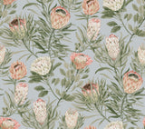 Protea Dusty Blue & Coral Floral Non Woven Wallpaper - York BL1755