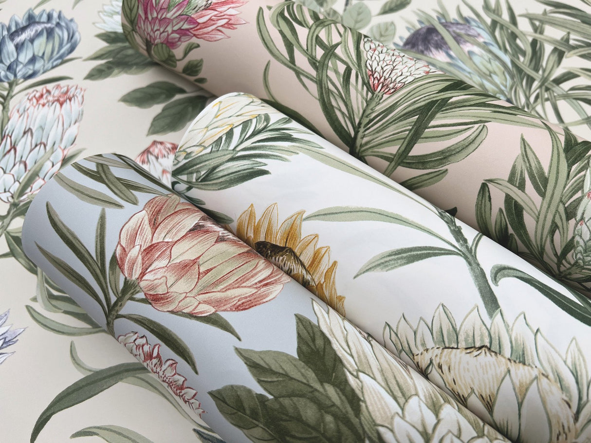 Protea Dusty Blue & Coral Floral Non Woven Wallpaper - York BL1755