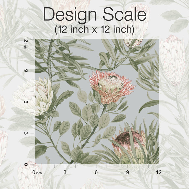 Protea Dusty Blue & Coral Floral Non Woven Wallpaper - York BL1755