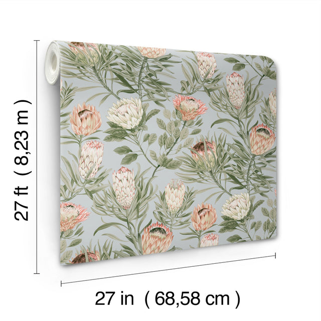 Protea Dusty Blue & Coral Floral Non Woven Wallpaper - York BL1755