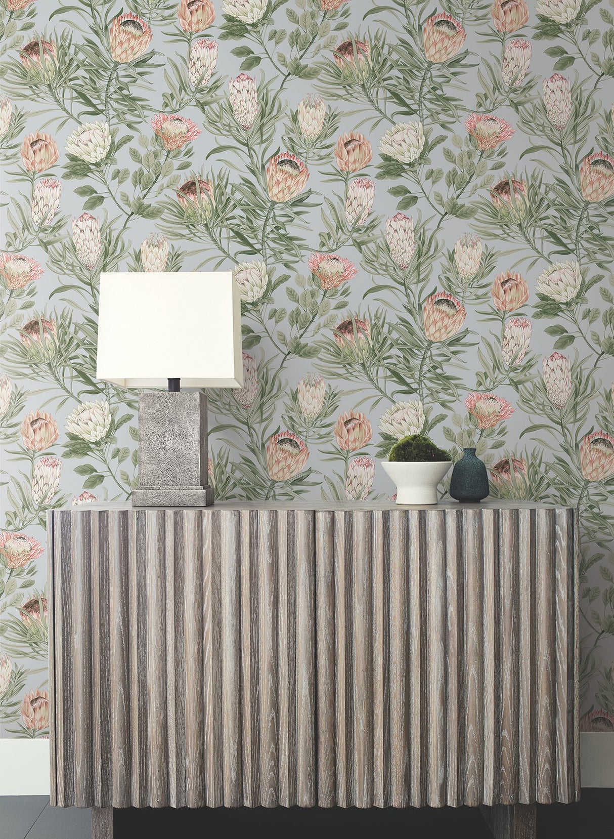 Protea Dusty Blue & Coral Floral Non Woven Wallpaper - York BL1755