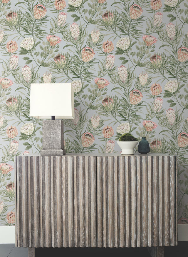 Protea Dusty Blue & Coral Floral Non Woven Wallpaper - York BL1755