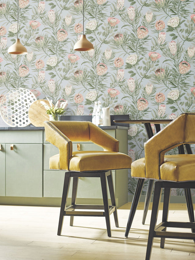Protea Dusty Blue & Coral Floral Non Woven Wallpaper - York BL1755