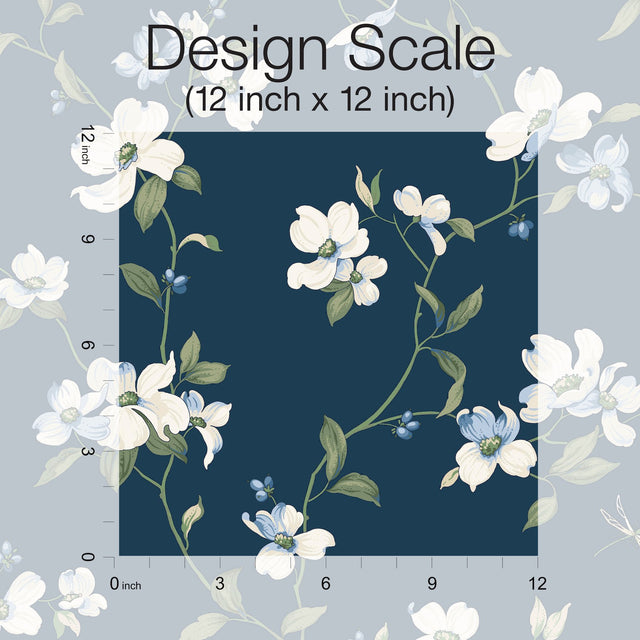 Dogwood Navy Wallpaper with Floral Dogwood Blossom Motif - York BL1761