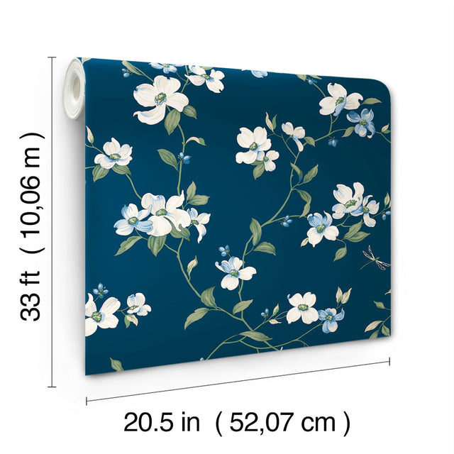 Dogwood Navy Wallpaper with Floral Dogwood Blossom Motif - York BL1761