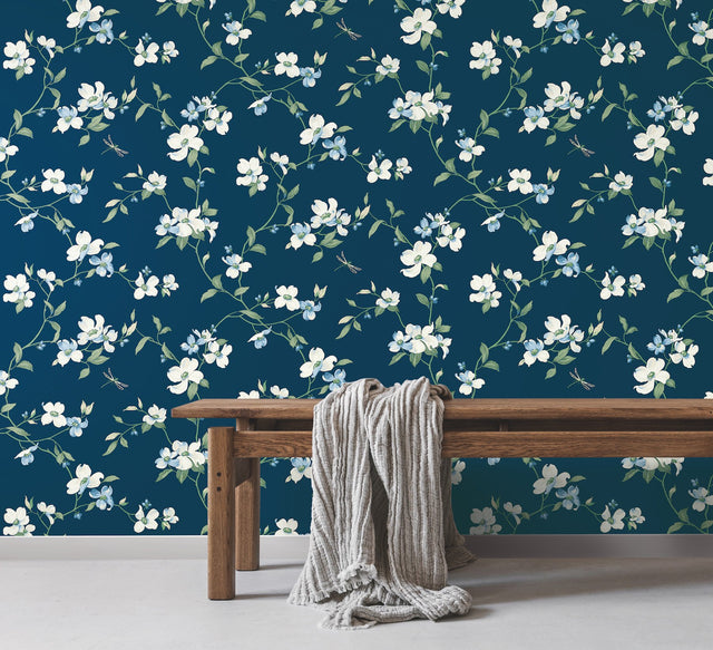 Dogwood Navy Wallpaper with Floral Dogwood Blossom Motif - York BL1761