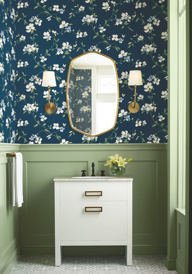 Dogwood Navy Wallpaper with Floral Dogwood Blossom Motif - York BL1761