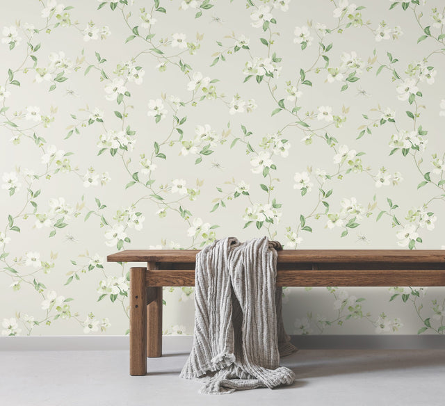Dogwood Light Grey Wallpaper with Floral Vine Motif - York BL1762