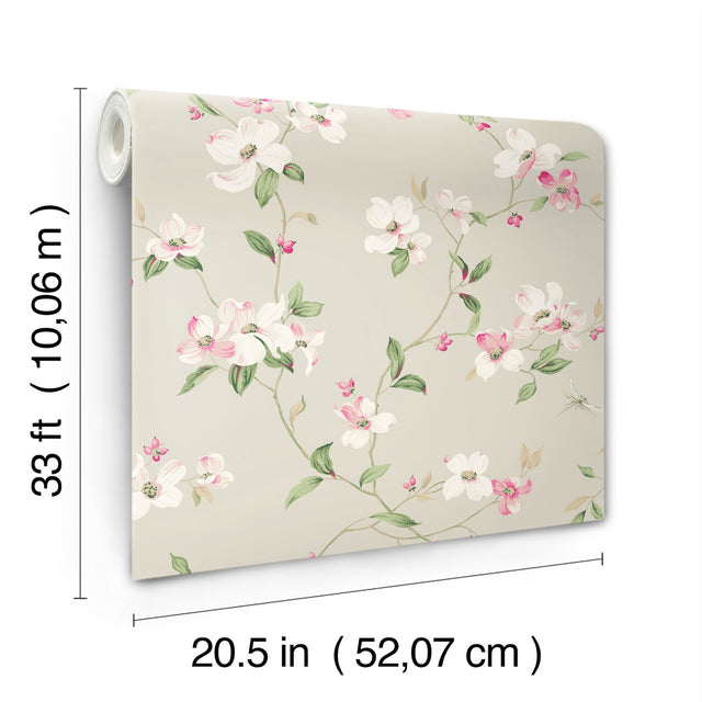 Dogwood Taupe Wallpaper with Floral Vine Motif - York BL1763