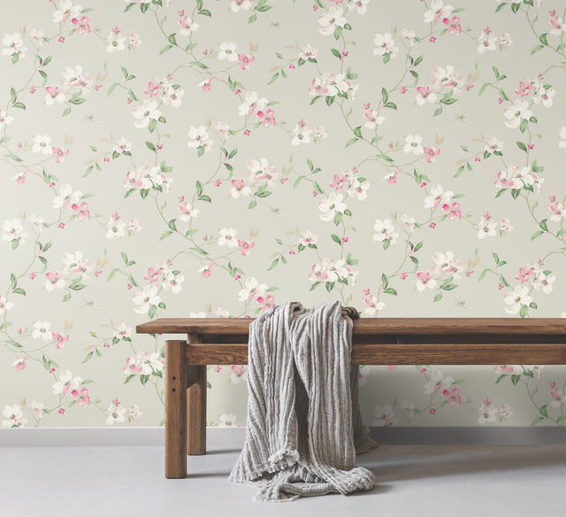 Dogwood Taupe Wallpaper with Floral Vine Motif - York BL1763