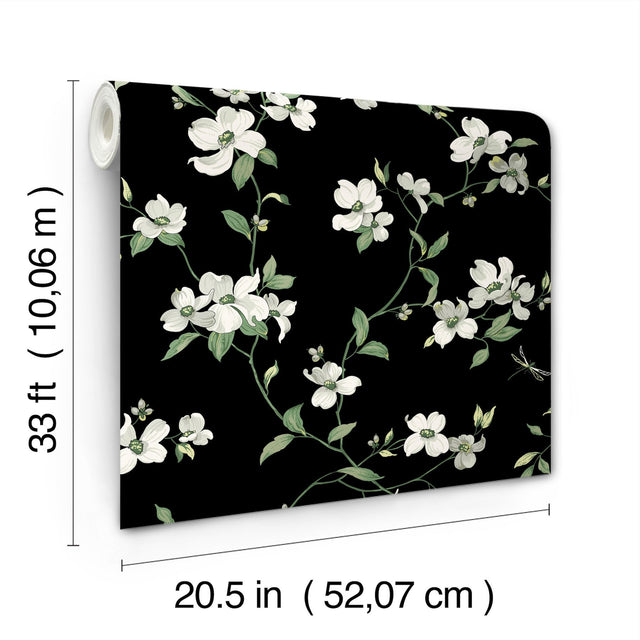 Dogwood Black Wallpaper with Floral Non Woven Pattern - York BL1764
