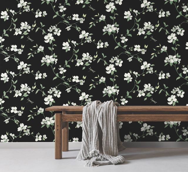 Dogwood Black Wallpaper with Floral Non Woven Pattern - York BL1764