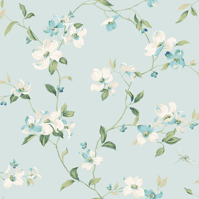 Dogwood Light Blue Wallpaper with Floral Dogwood Blooms Pattern - York BL1765
