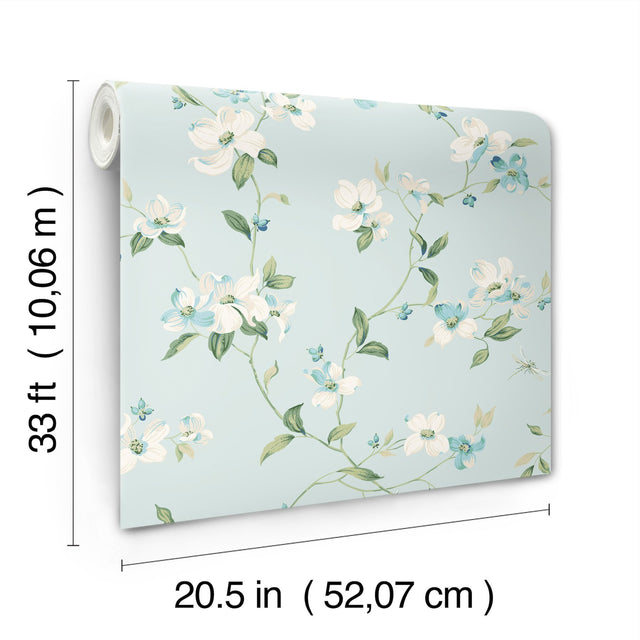 Dogwood Light Blue Wallpaper with Floral Dogwood Blooms Pattern - York BL1765