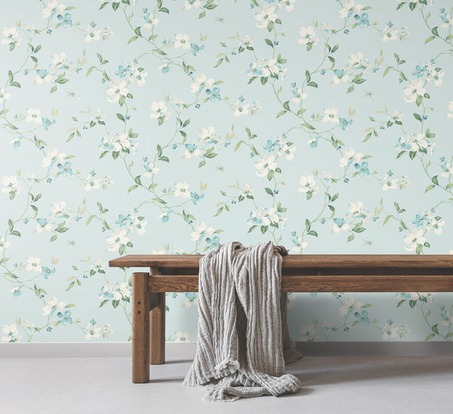Dogwood Light Blue Wallpaper with Floral Dogwood Blooms Pattern - York BL1765