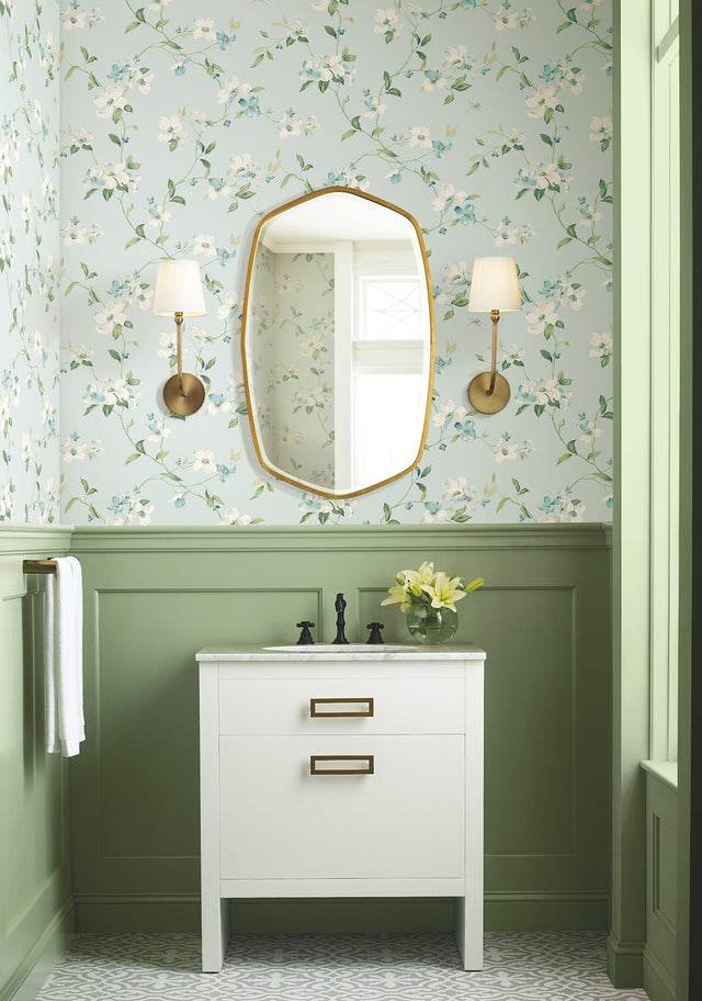 Dogwood Light Blue Wallpaper with Floral Dogwood Blooms Pattern - York BL1765