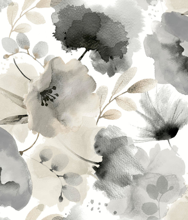 Watercolor Bouquet Charcoal Wallpaper with Watercolor Floral Motif - York BL1771